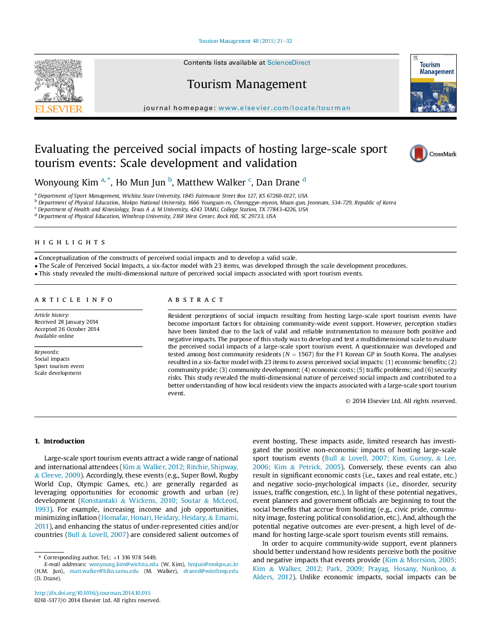 Evaluating the perceived social impacts of hosting large-scale sport tourism events: Scale development and validation