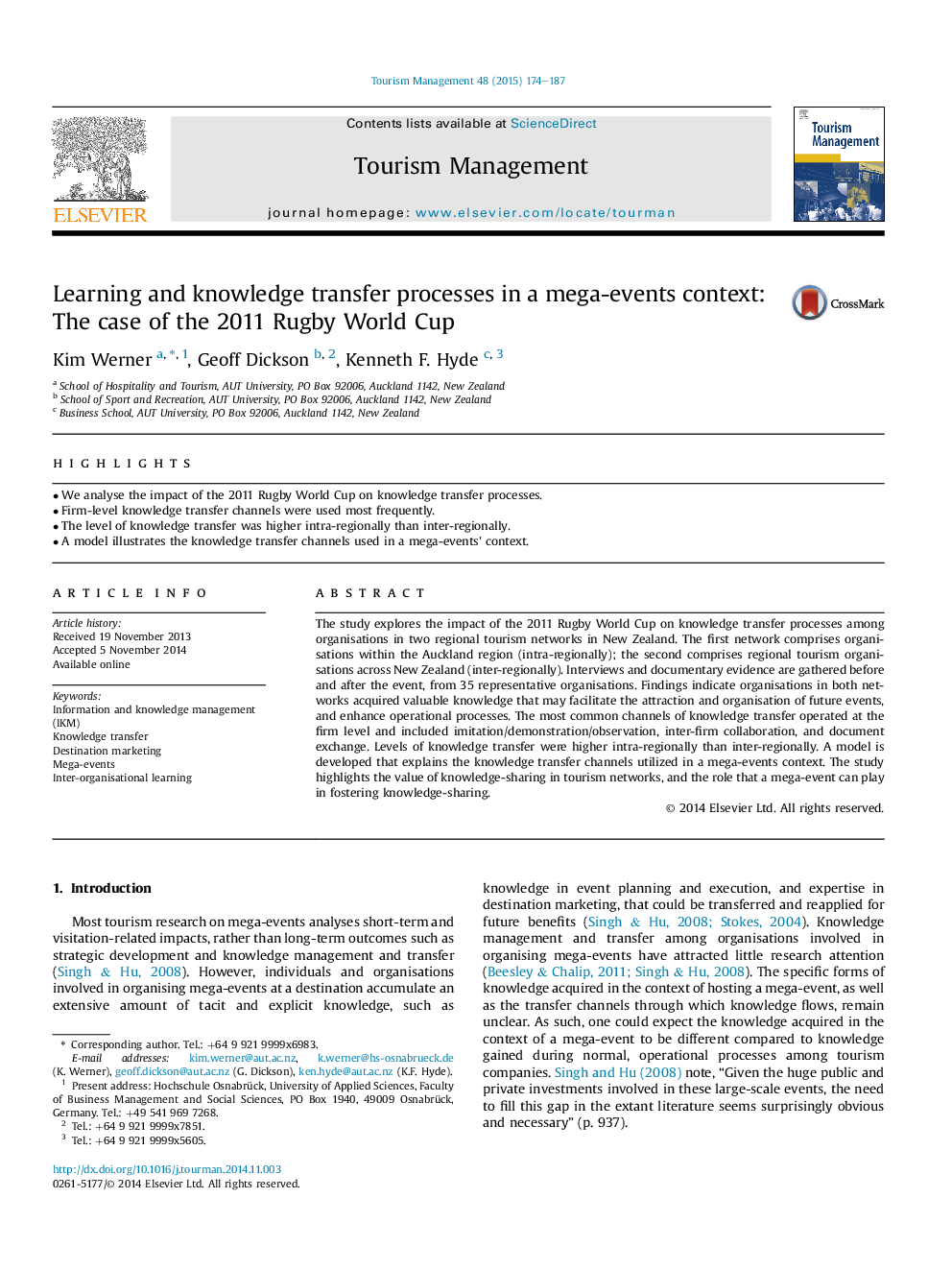 Learning and knowledge transfer processes in a mega-events context: The case of the 2011 Rugby World Cup