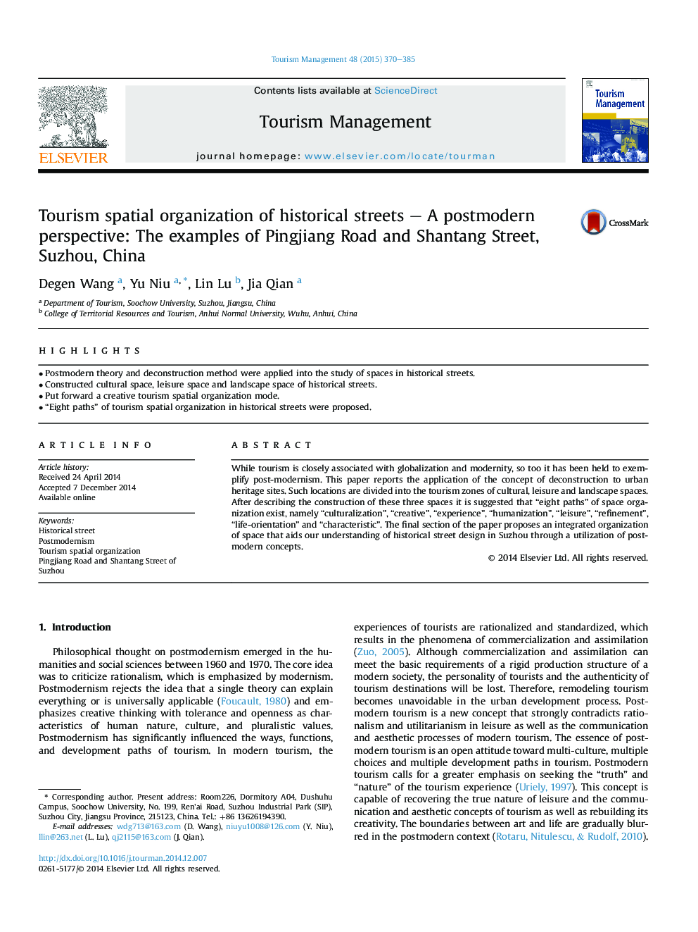 Tourism spatial organization of historical streets - A postmodern perspective: The examples of Pingjiang Road and Shantang Street, Suzhou, China