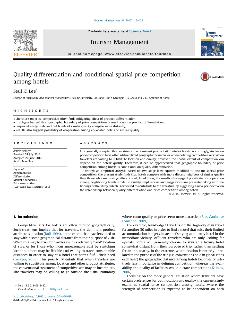 Quality differentiation and conditional spatial price competition among hotels