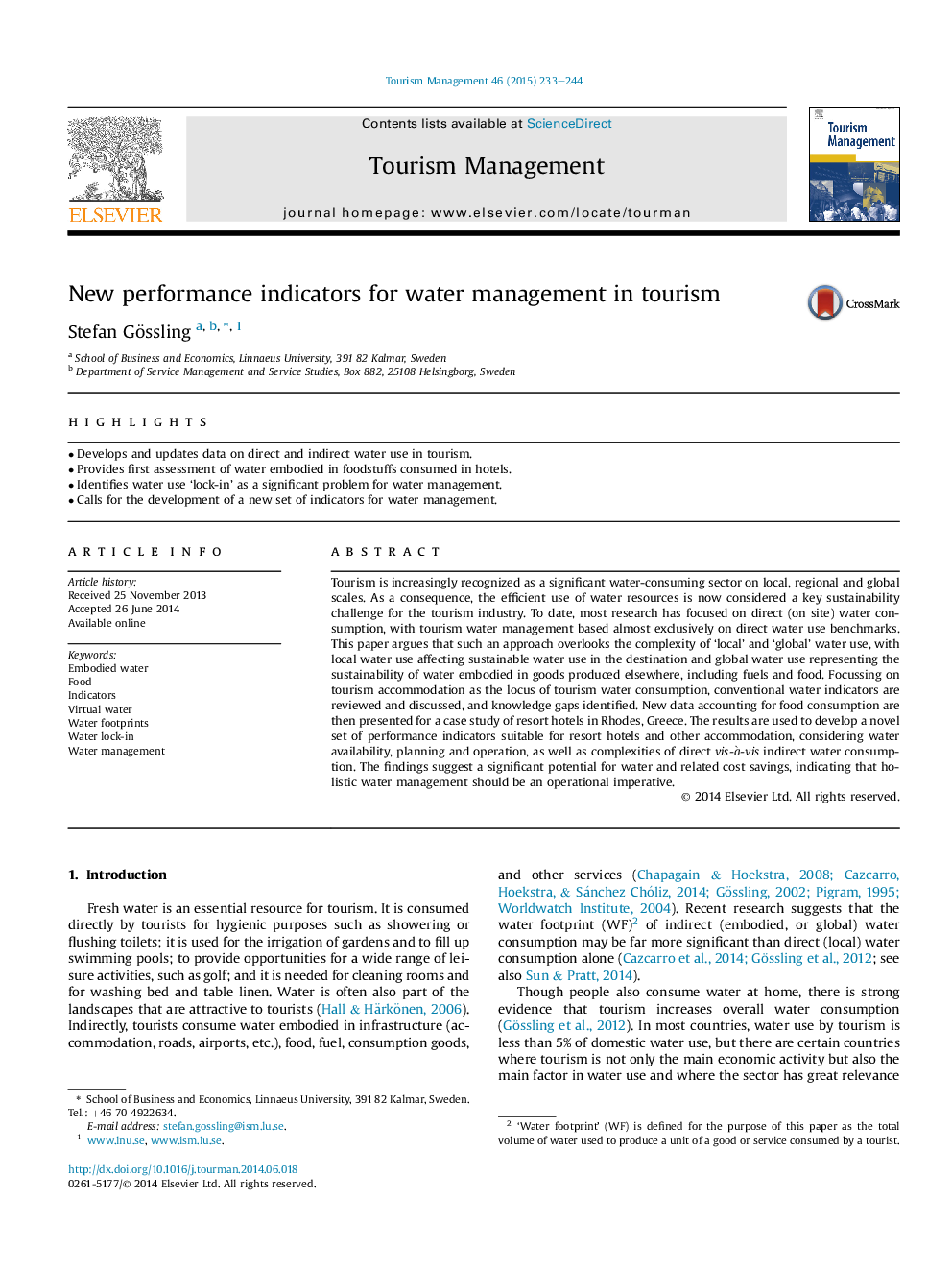 New performance indicators for water management in tourism