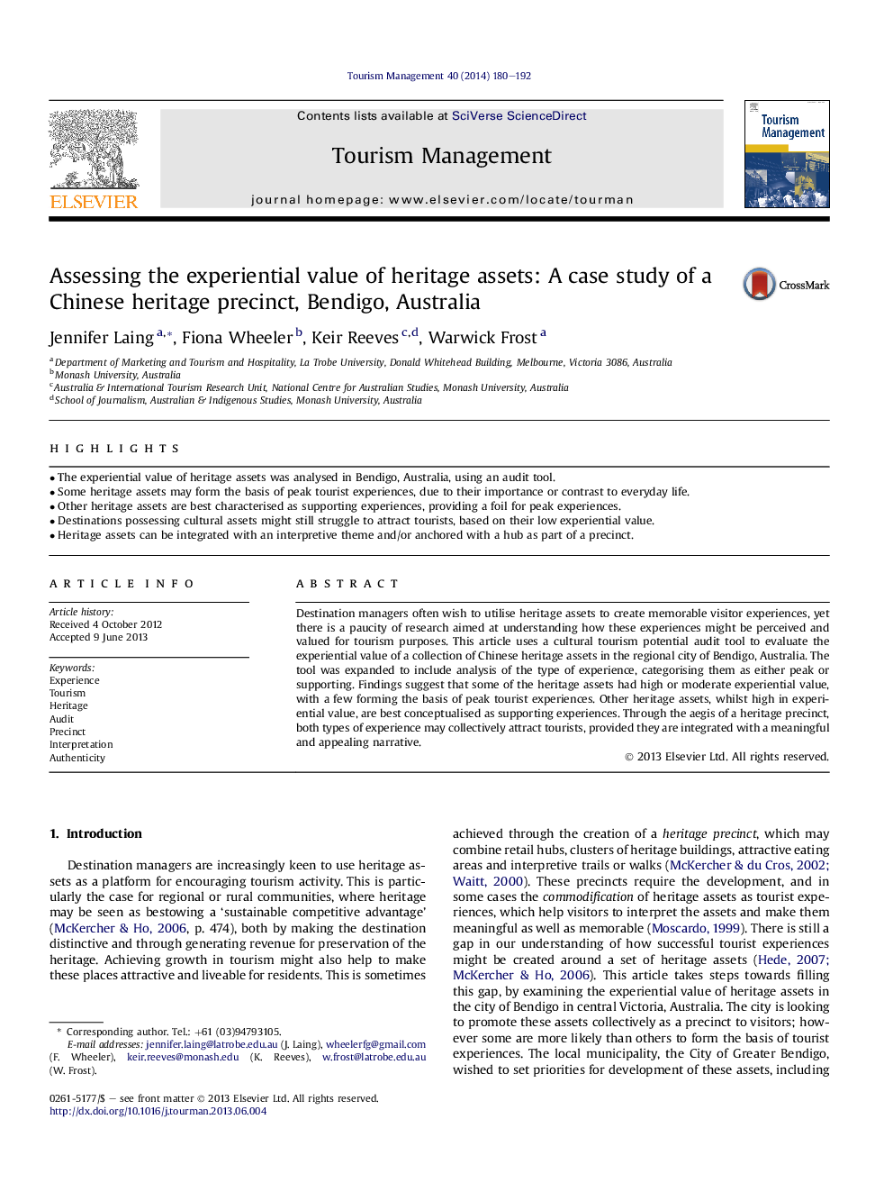 Assessing the experiential value of heritage assets: A case study of a Chinese heritage precinct, Bendigo, Australia