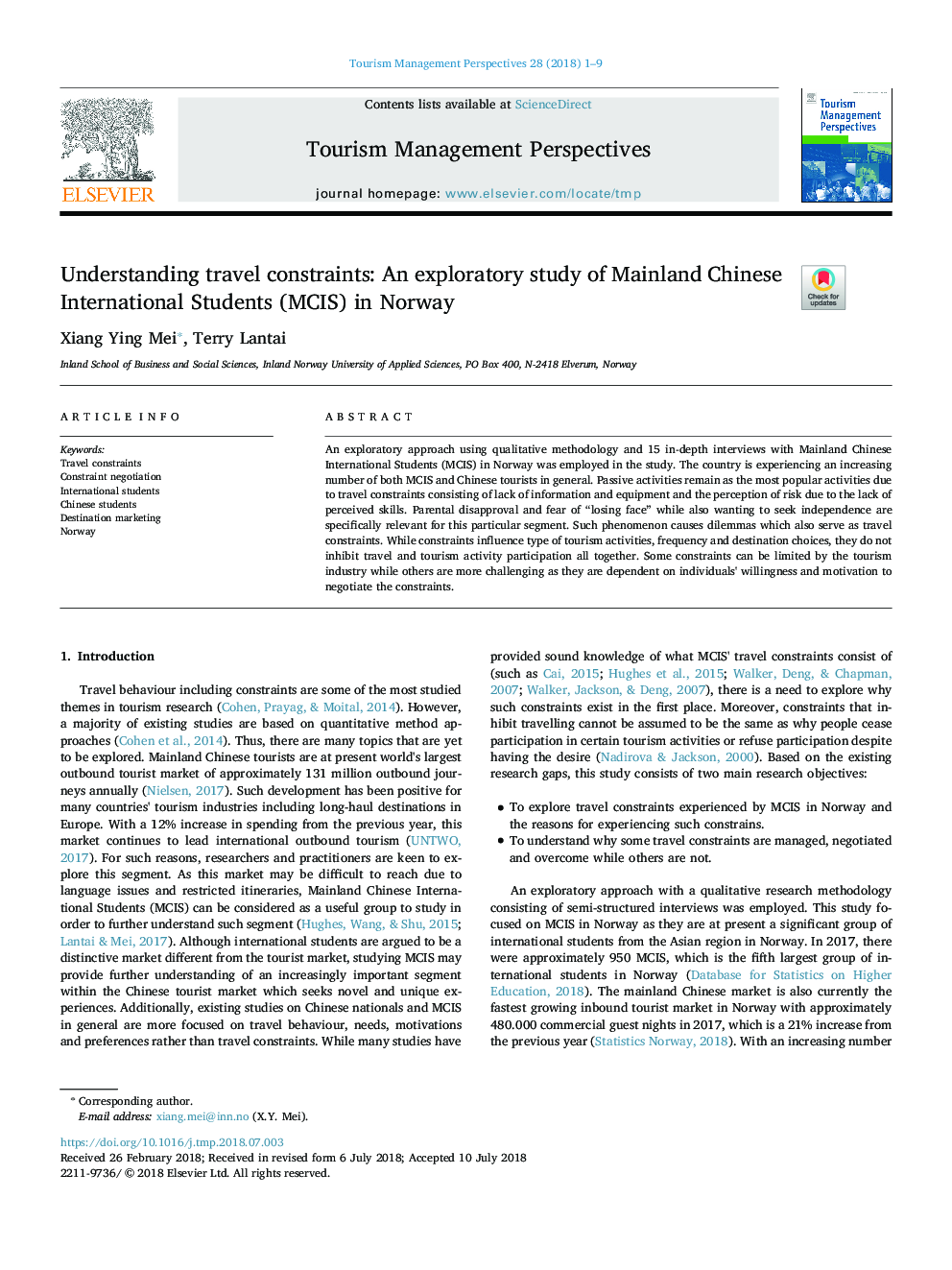 Understanding travel constraints: An exploratory study of Mainland Chinese International Students (MCIS) in Norway