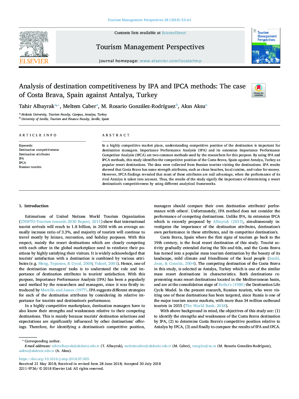 Analysis of destination competitiveness by IPA and IPCA methods: The case of Costa Brava, Spain against Antalya, Turkey