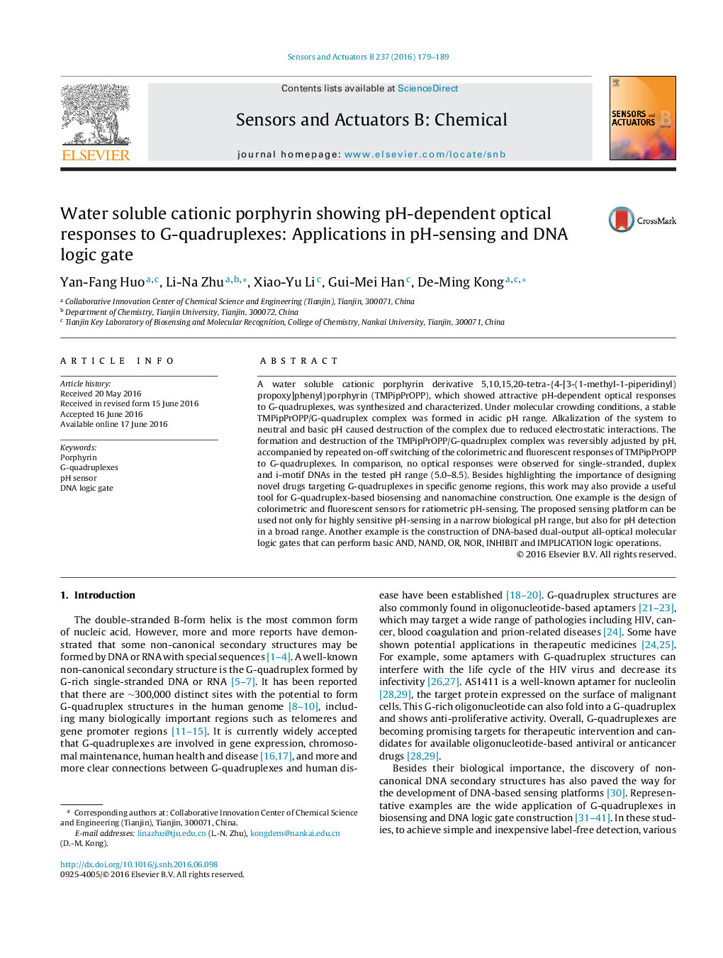 عکس صفحه اول مقاله: Water soluble cationic porphyrin showing pH-dependent optical responses to G-quadruplexes: Applications in pH-sensing and DNA logic gate Water soluble cationic porphyrin showing pH-dependent optical responses to G-quadruplexes: Applications in pH-sensing and DNA logic gate