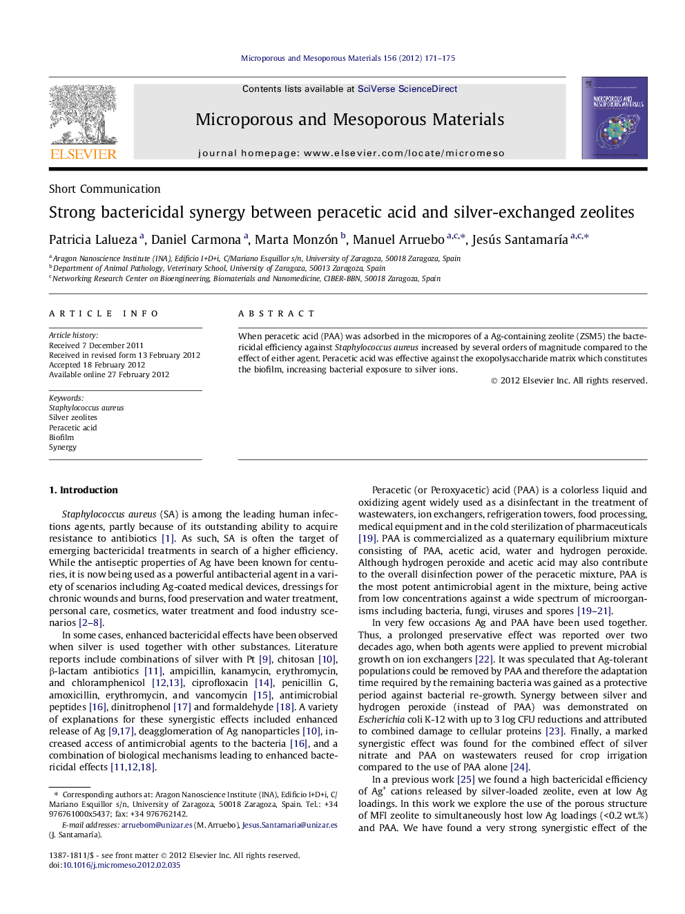 Strong bactericidal synergy between peracetic acid and silver-exchanged zeolites