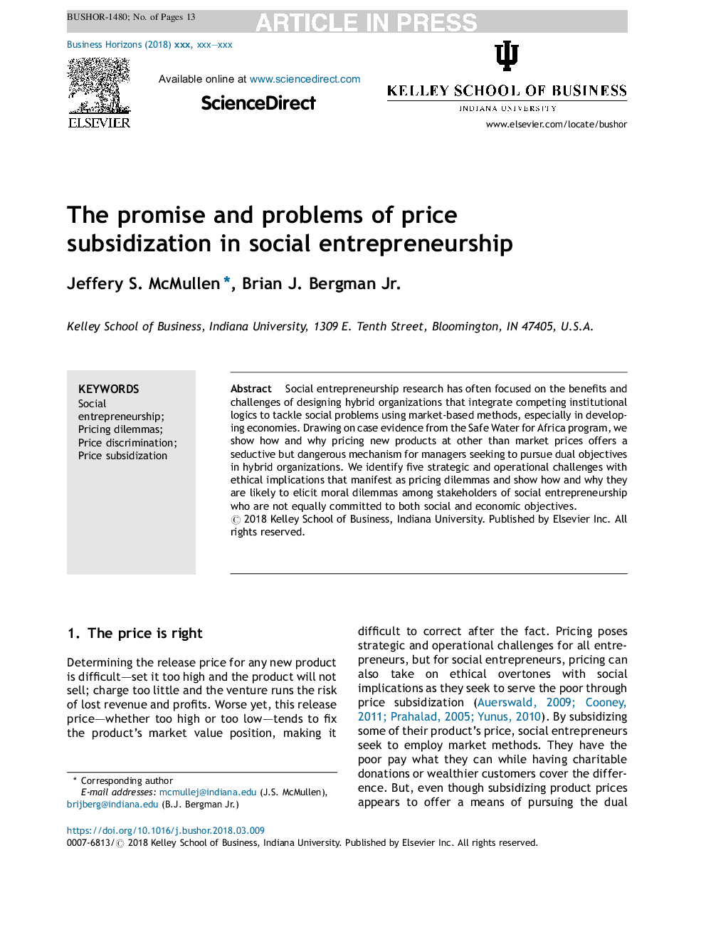 The promise and problems of price subsidization in social entrepreneurship