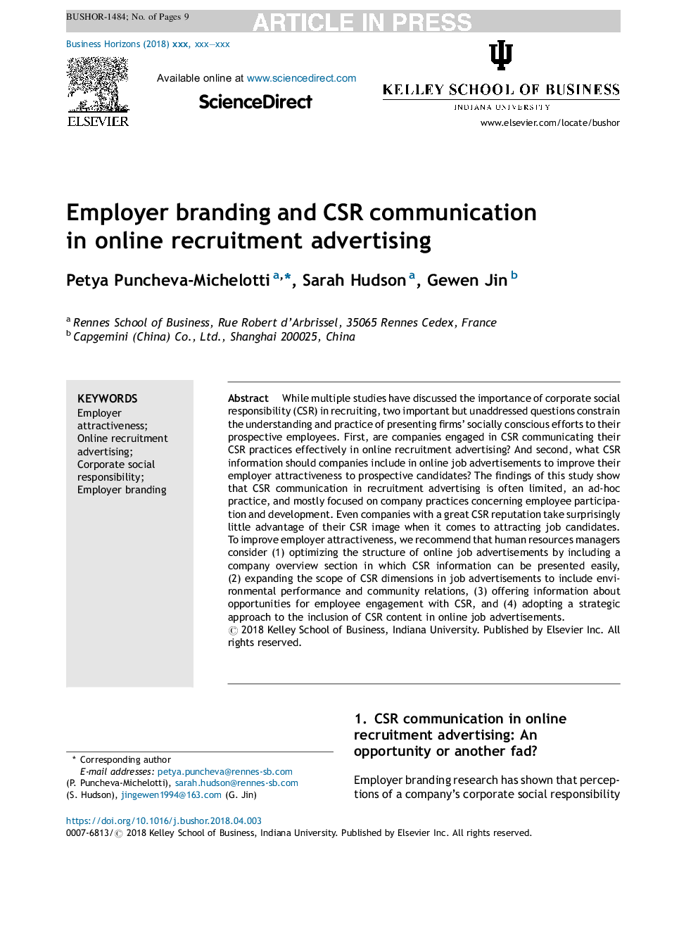 Employer branding and CSR communication in online recruitment advertising