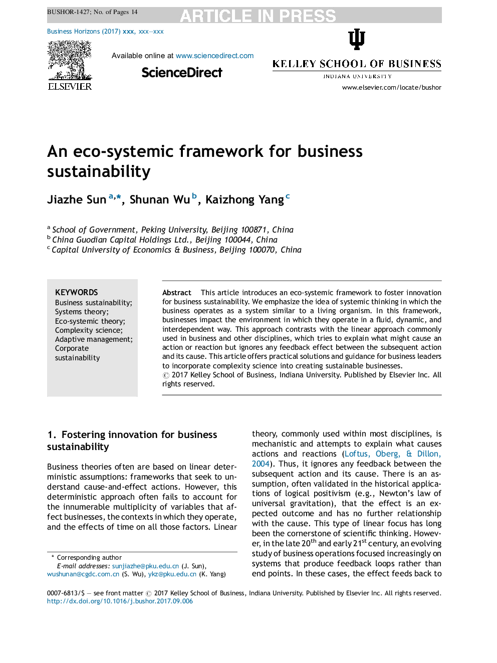 An ecosystemic framework for business sustainability