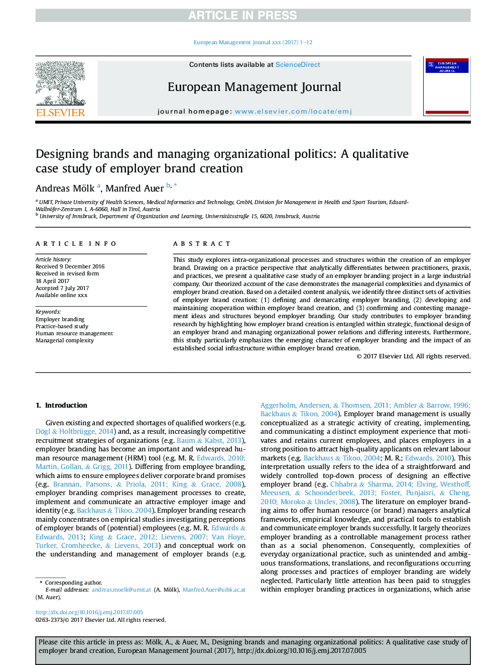 Designing brands and managing organizational politics: A qualitative case study of employer brand creation