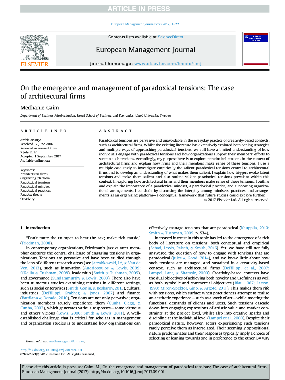 On the emergence and management of paradoxical tensions: The case of architectural firms