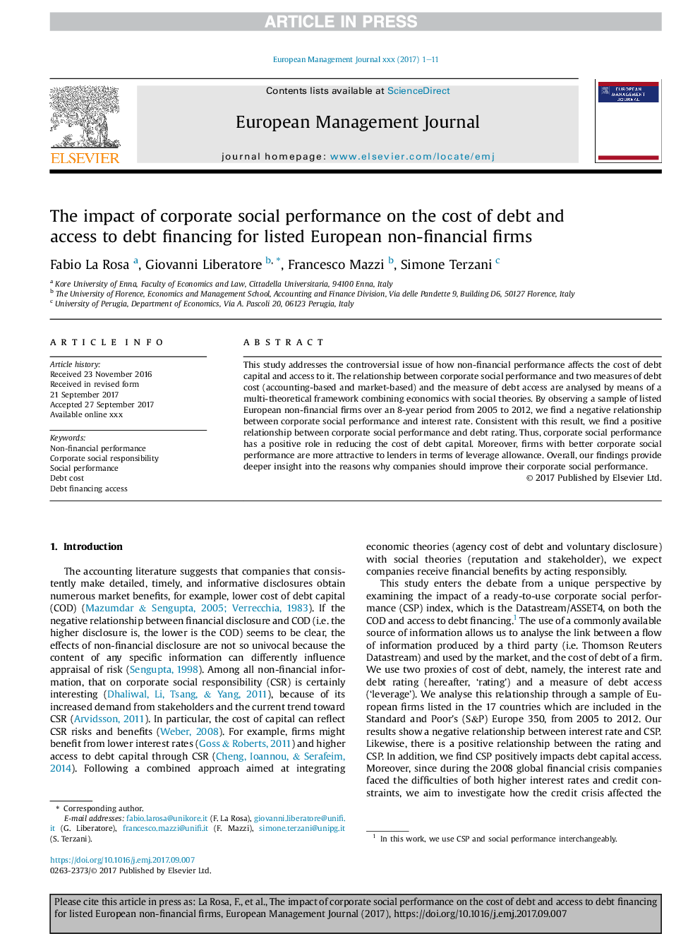 The impact of corporate social performance on the cost of debt and access to debt financing for listed European non-financial firms