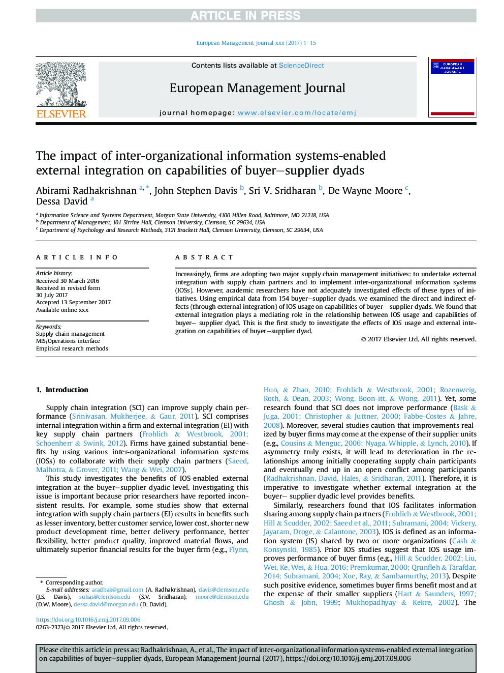 The impact of inter-organizational information systems-enabled external integration on capabilities of buyer-supplier dyads