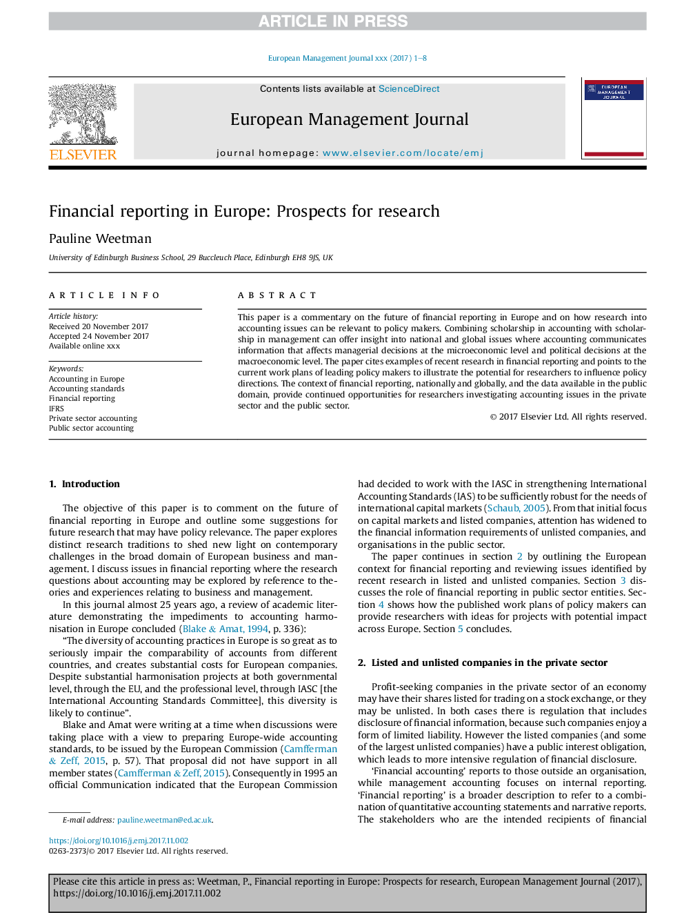 Financial reporting in Europe: Prospects for research