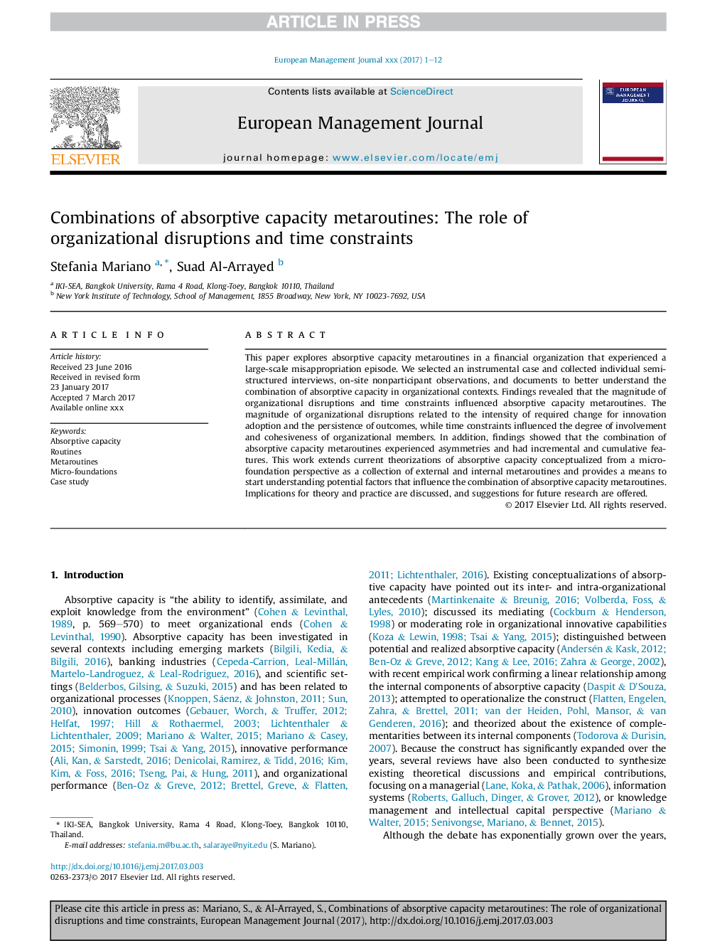 Combinations of absorptive capacity metaroutines: The role of organizational disruptions and time constraints