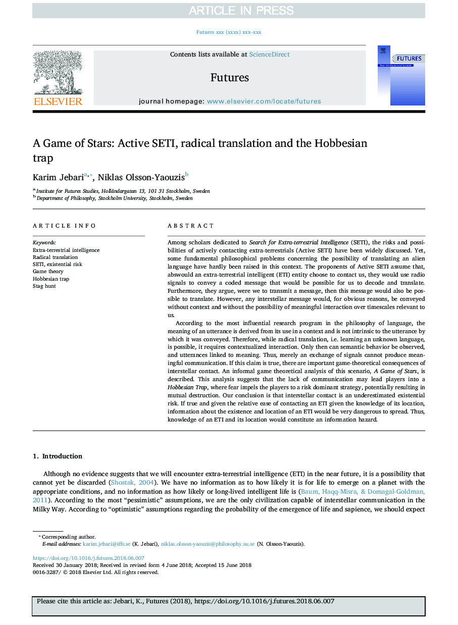 A Game of Stars: Active SETI, radical translation and the Hobbesian trap