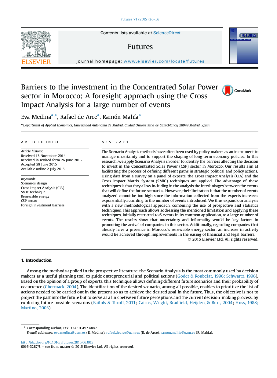 Barriers to the investment in the Concentrated Solar Power sector in Morocco: A foresight approach using the Cross Impact Analysis for a large number of events