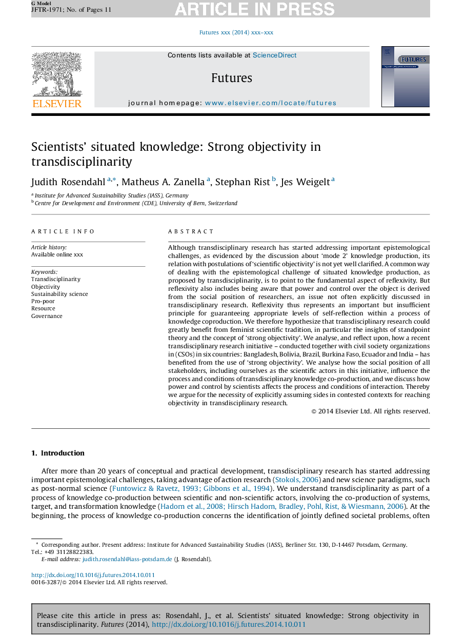 Scientists' situated knowledge: Strong objectivity in transdisciplinarity