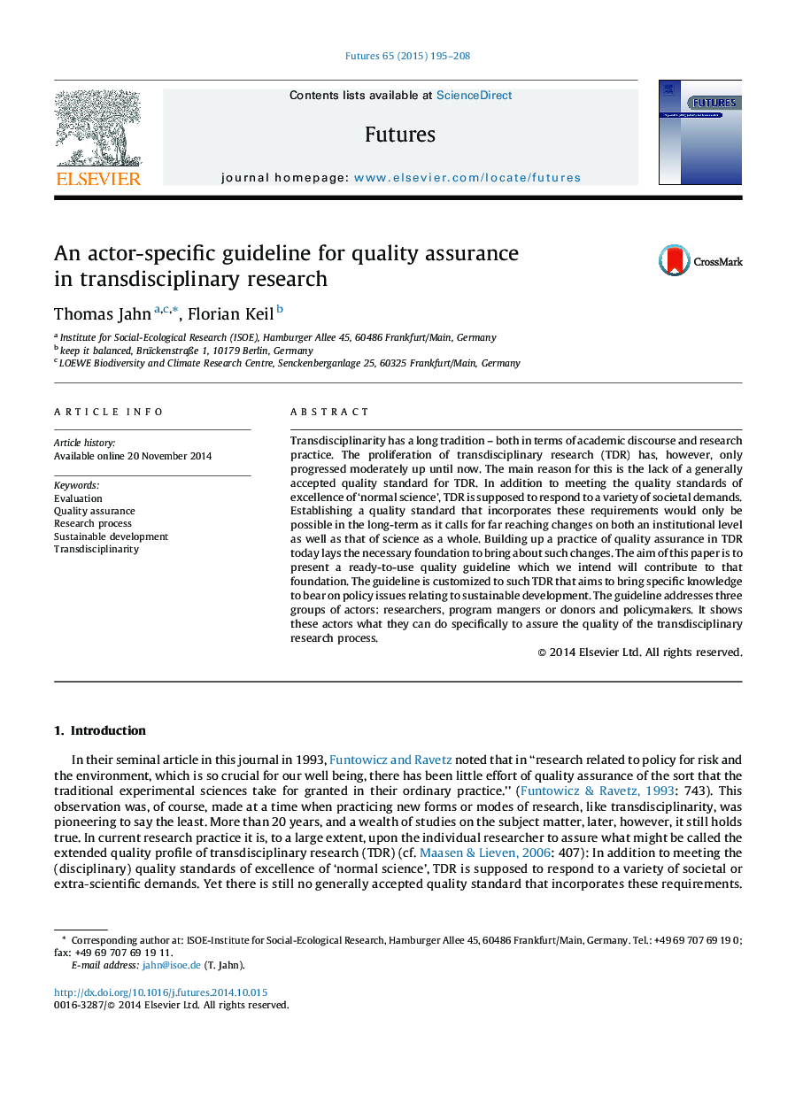 An actor-specific guideline for quality assurance in transdisciplinary research