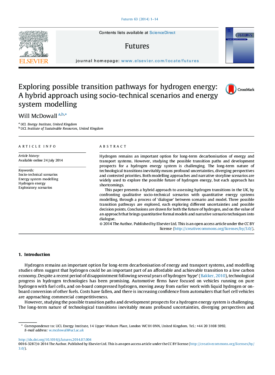 بررسی مسیرهای انتقال ممکن برای انرژی هیدروژن: یک روش ترکیبی با استفاده از سناریوهای اجتماعی و فنی و مدل سازی انرژی سیستم 