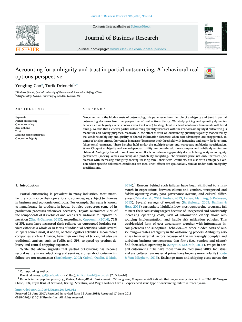 Accounting for ambiguity and trust in partial outsourcing: A behavioral real options perspective