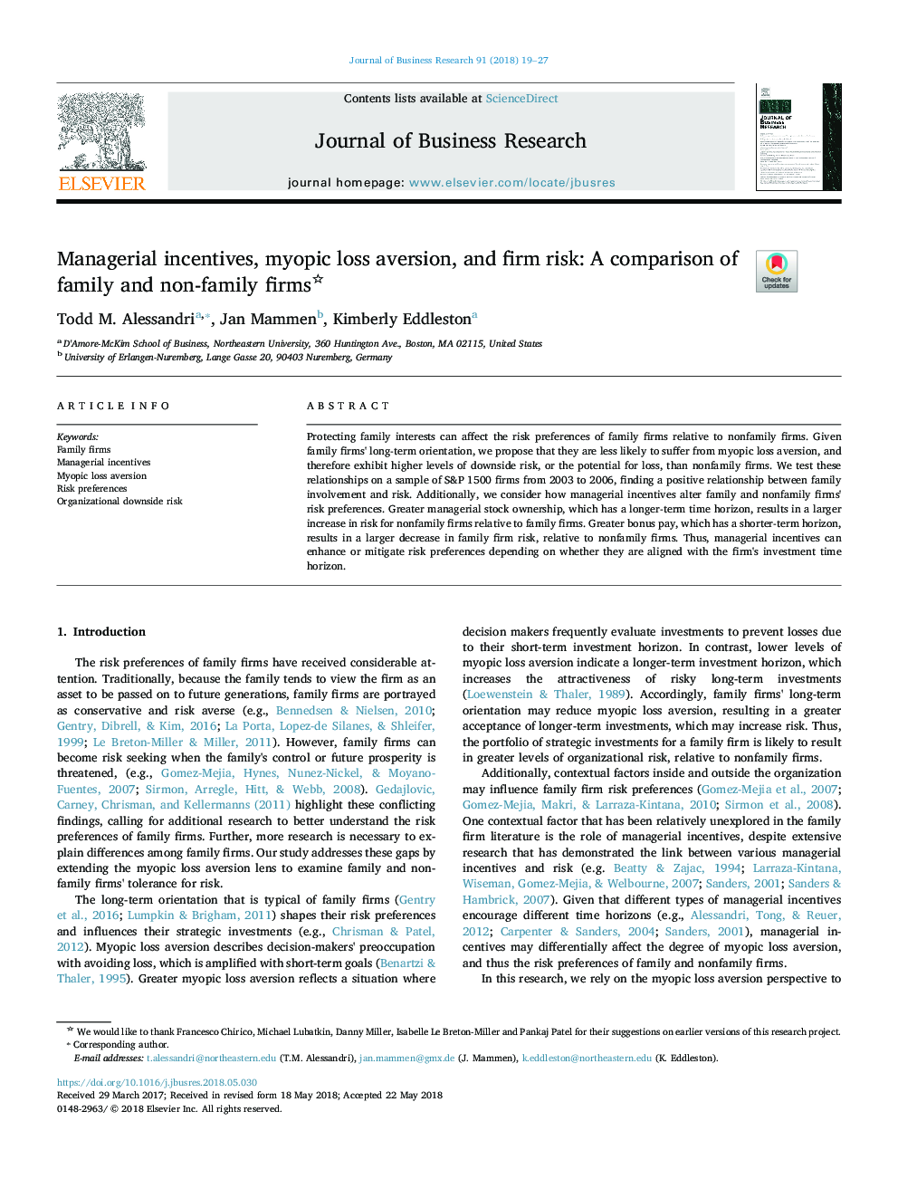 Managerial incentives, myopic loss aversion, and firm risk: A comparison of family and non-family firms