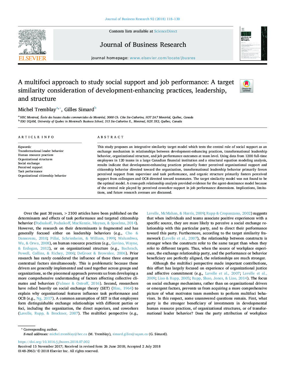 A multifoci approach to study social support and job performance: A target similarity consideration of development-enhancing practices, leadership, and structure