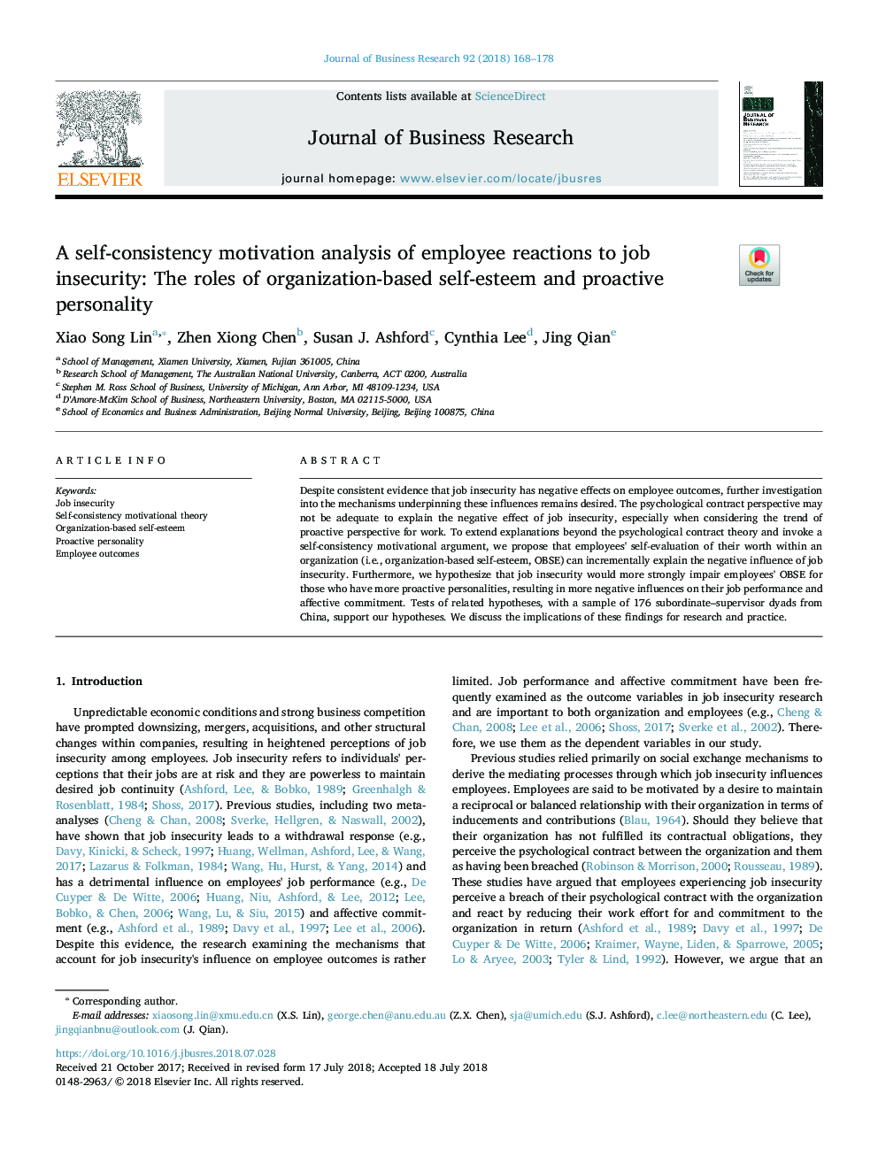A self-consistency motivation analysis of employee reactions to job insecurity: The roles of organization-based self-esteem and proactive personality