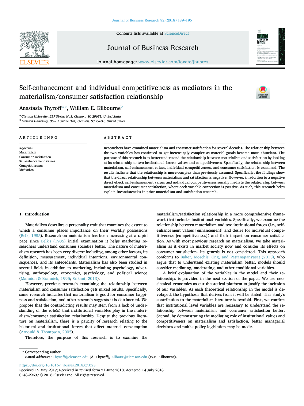 Self-enhancement and individual competitiveness as mediators in the materialism/consumer satisfaction relationship