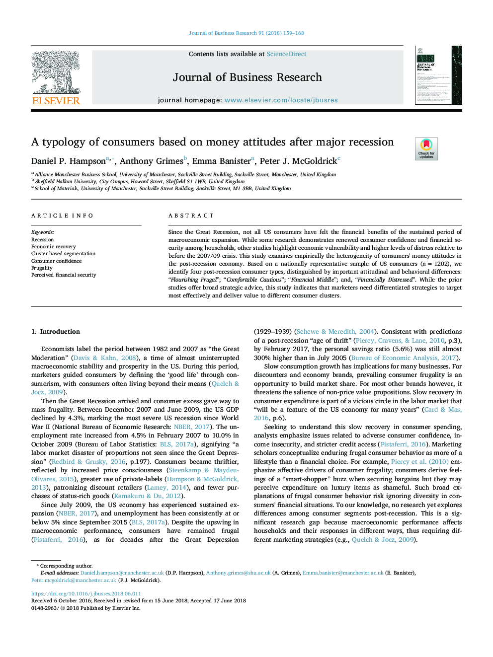 A typology of consumers based on money attitudes after major recession