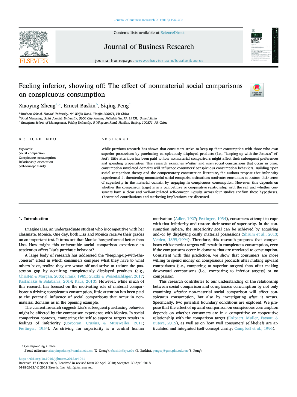 Feeling inferior, showing off: The effect of nonmaterial social comparisons on conspicuous consumption