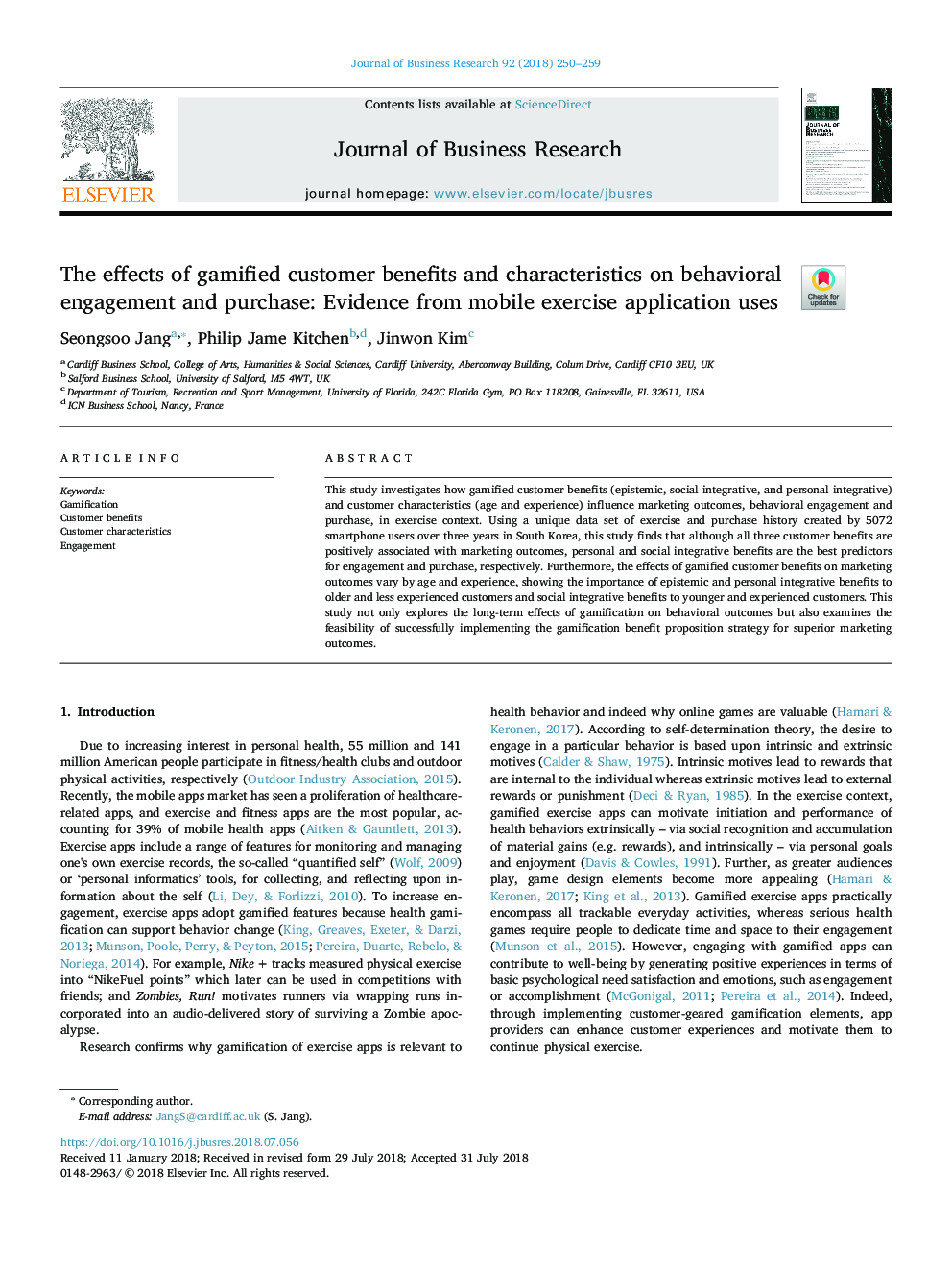 The effects of gamified customer benefits and characteristics on behavioral engagement and purchase: Evidence from mobile exercise application uses