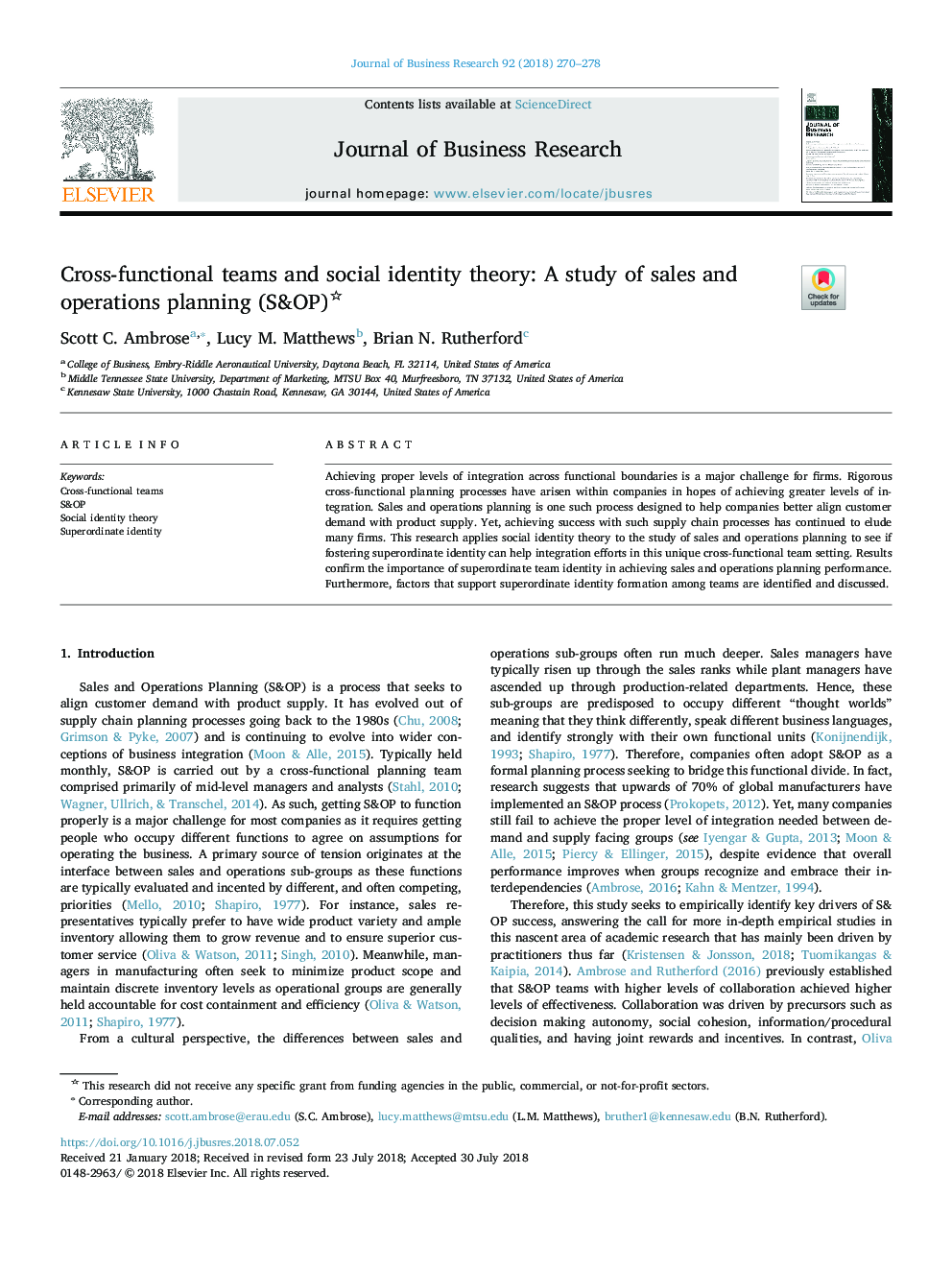 Cross-functional teams and social identity theory: A study of sales and operations planning (S&OP)