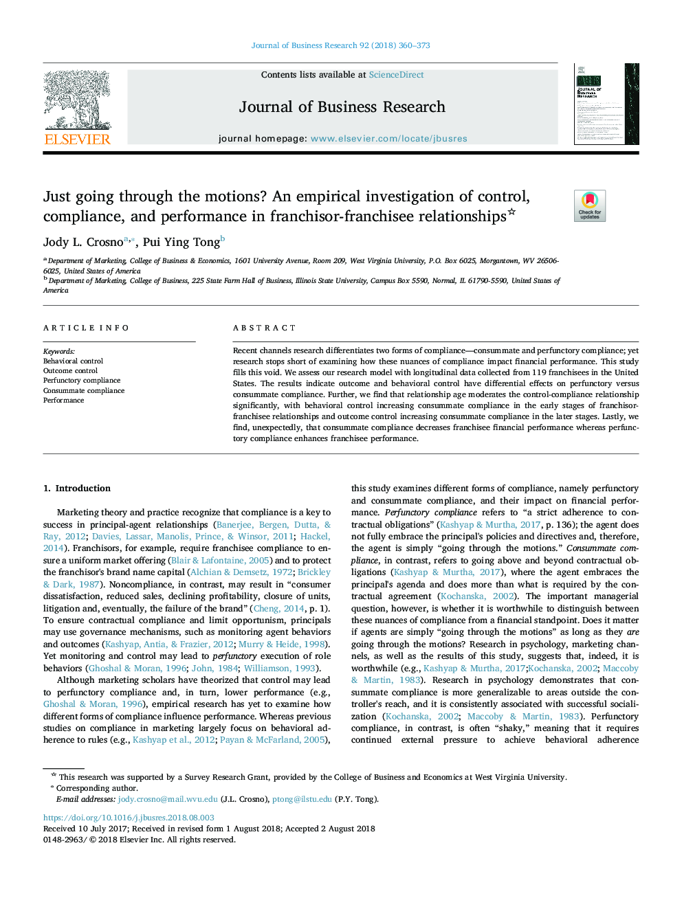 Just going through the motions? An empirical investigation of control, compliance, and performance in franchisor-franchisee relationships