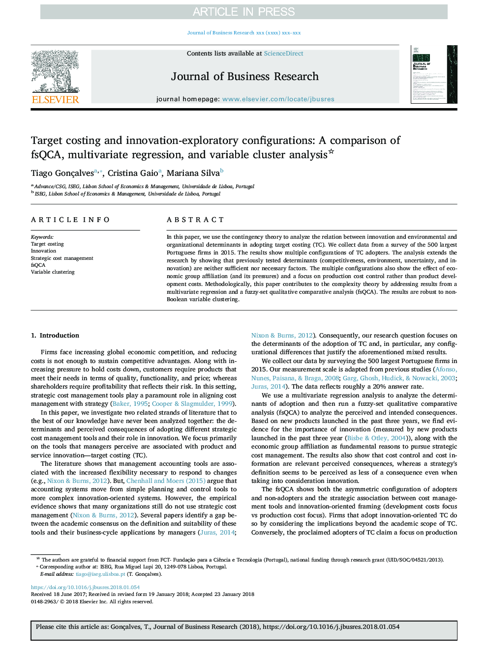 Target costing and innovation-exploratory configurations: A comparison of fsQCA, multivariate regression, and variable cluster analysis