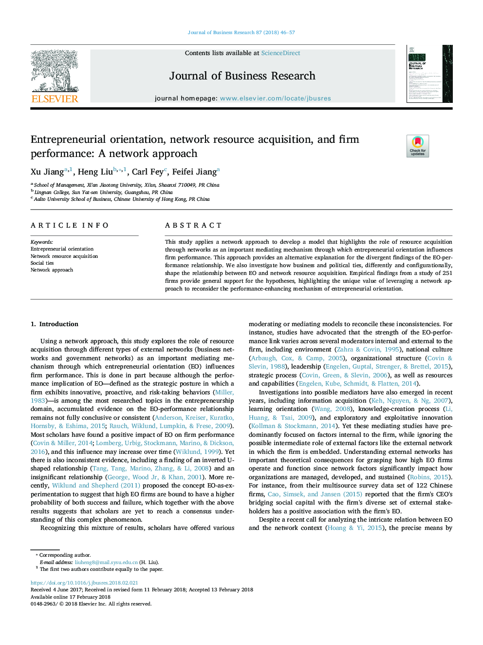 Entrepreneurial orientation, network resource acquisition, and firm performance: A network approach