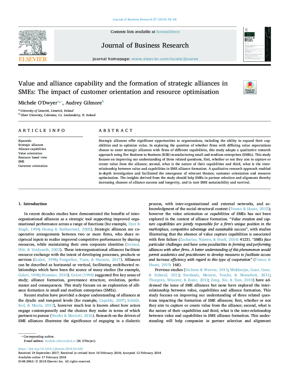 Value and alliance capability and the formation of strategic alliances in SMEs: The impact of customer orientation and resource optimisation