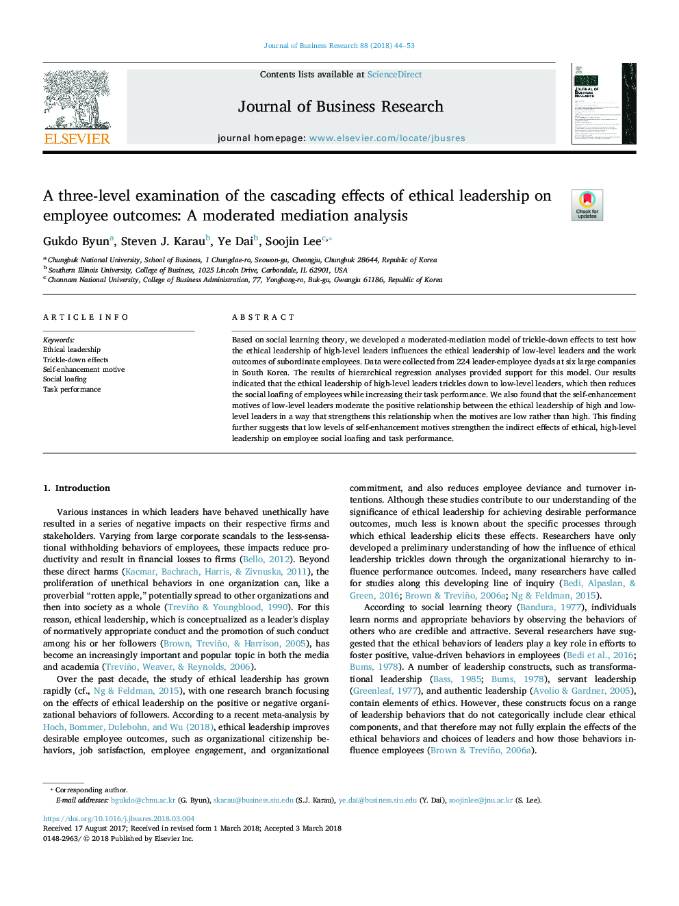 A three-level examination of the cascading effects of ethical leadership on employee outcomes: A moderated mediation analysis