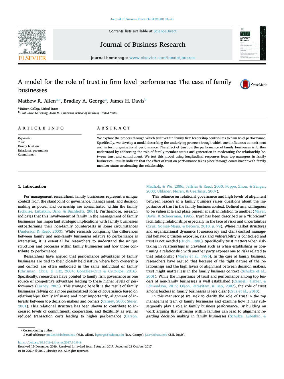 A model for the role of trust in firm level performance: The case of family businesses