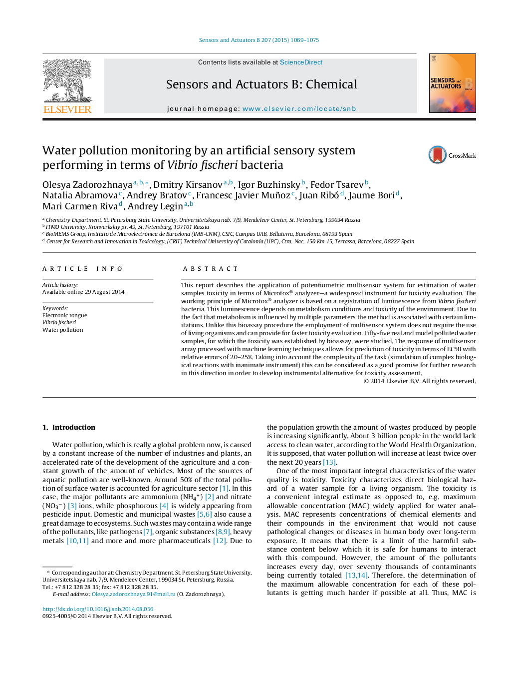 Water pollution monitoring by an artificial sensory system performing in terms of Vibrio fischeri bacteria