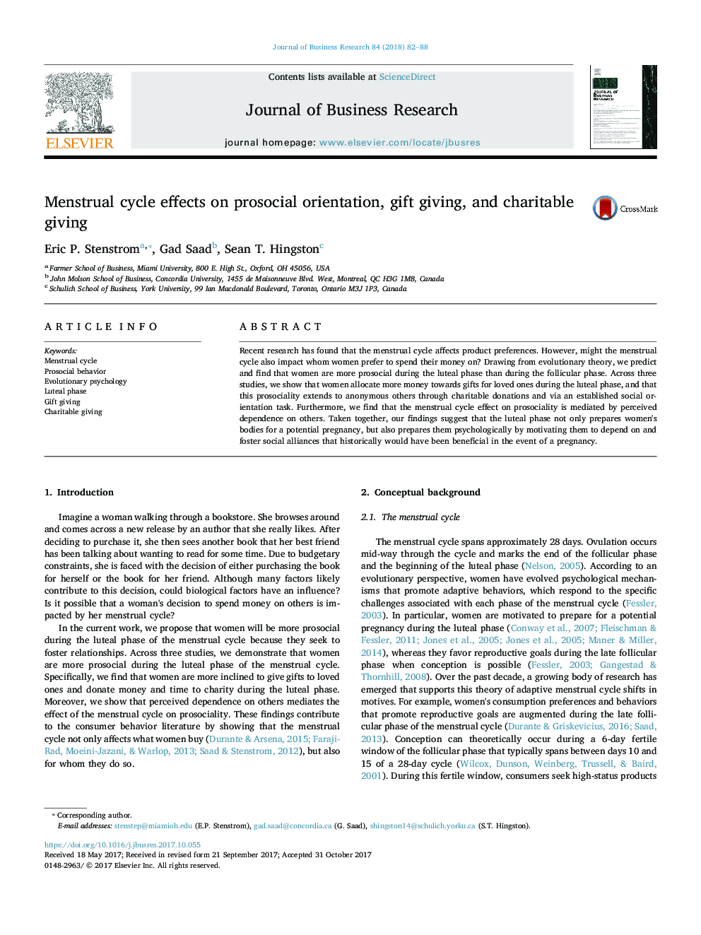 Menstrual cycle effects on prosocial orientation, gift giving, and charitable giving