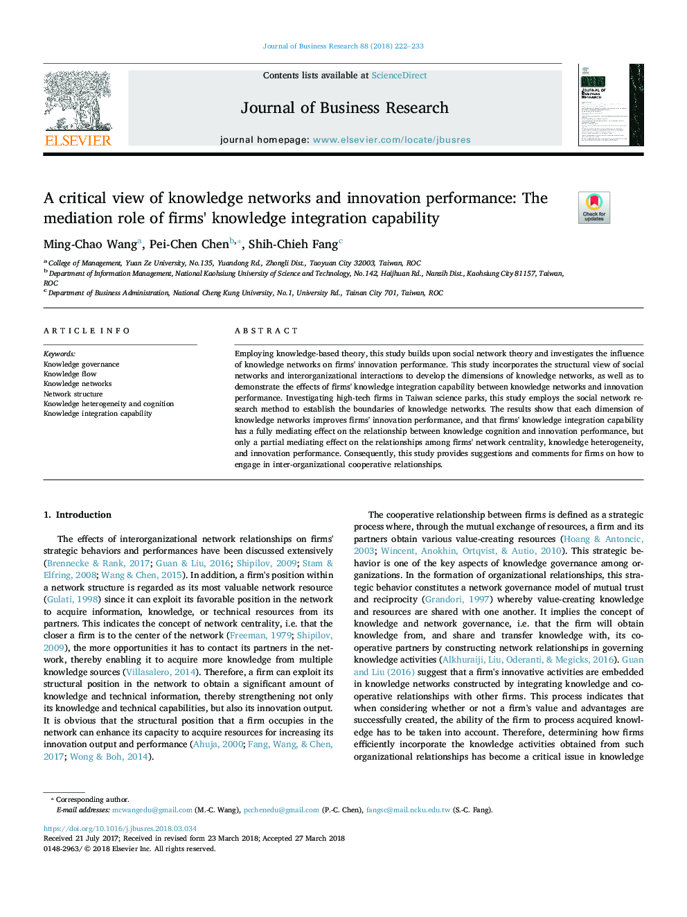 A critical view of knowledge networks and innovation performance: The mediation role of firms' knowledge integration capability