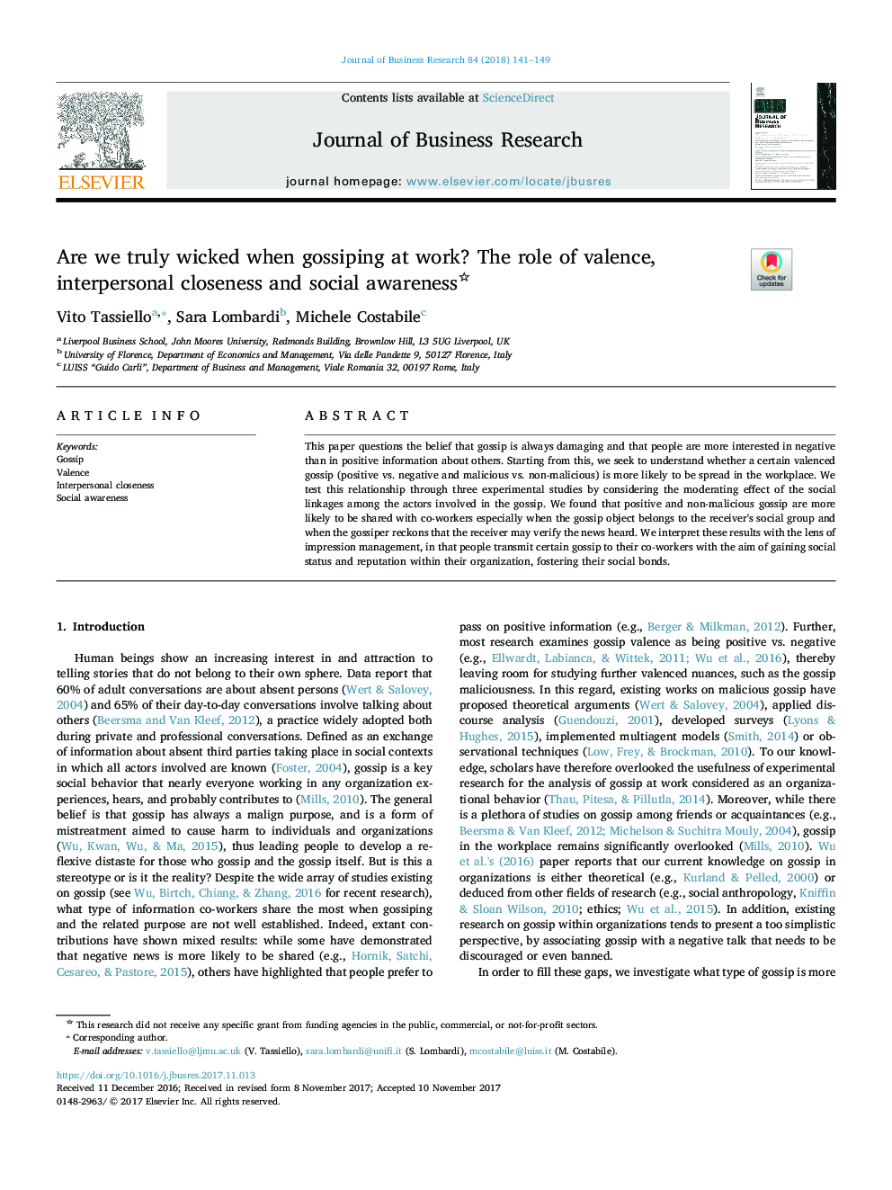 Are we truly wicked when gossiping at work? The role of valence, interpersonal closeness and social awareness