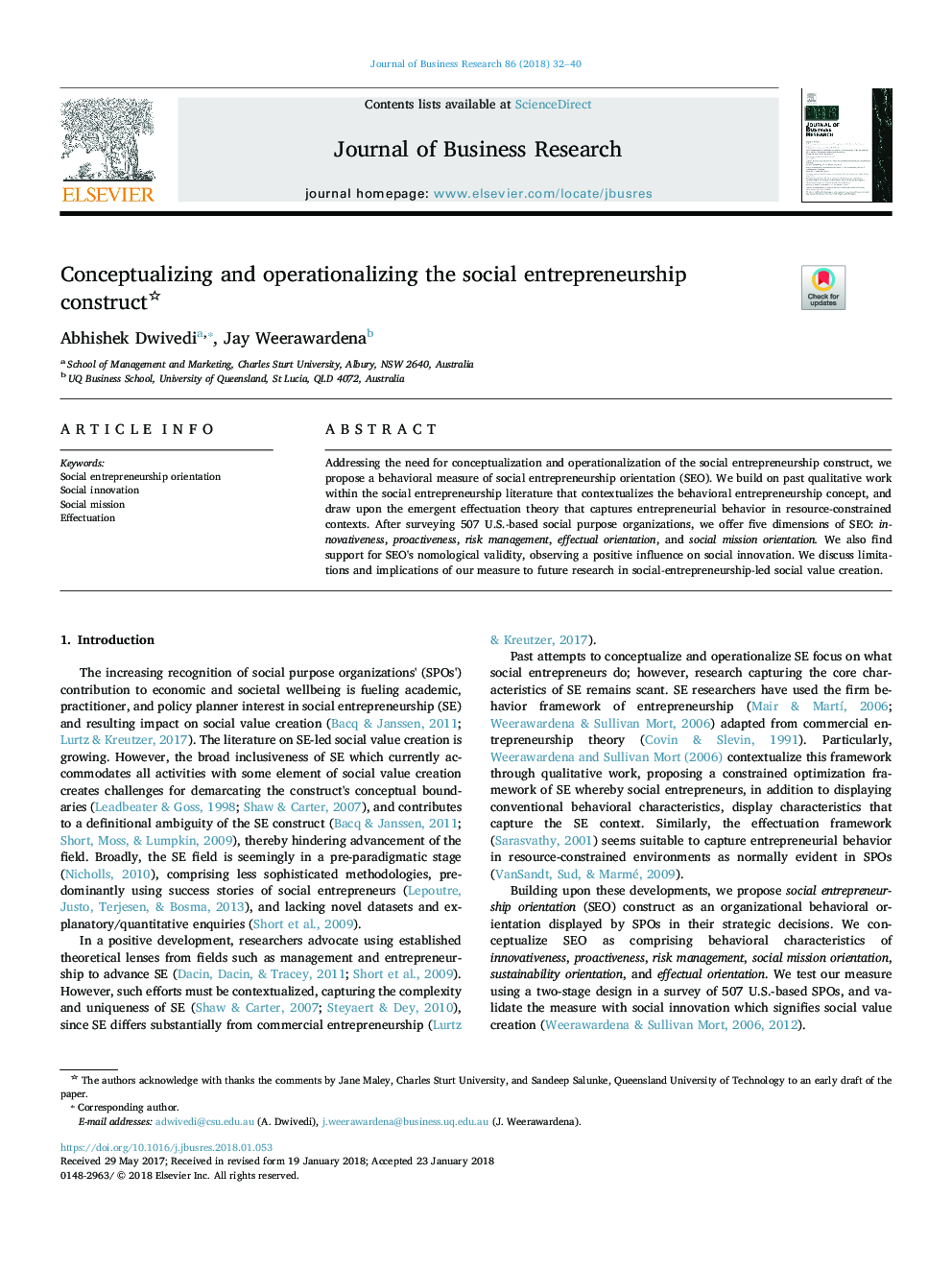 Conceptualizing and operationalizing the social entrepreneurship construct