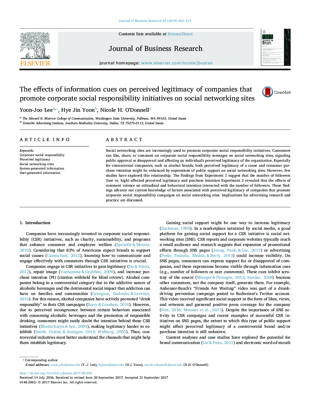 The effects of information cues on perceived legitimacy of companies that promote corporate social responsibility initiatives on social networking sites