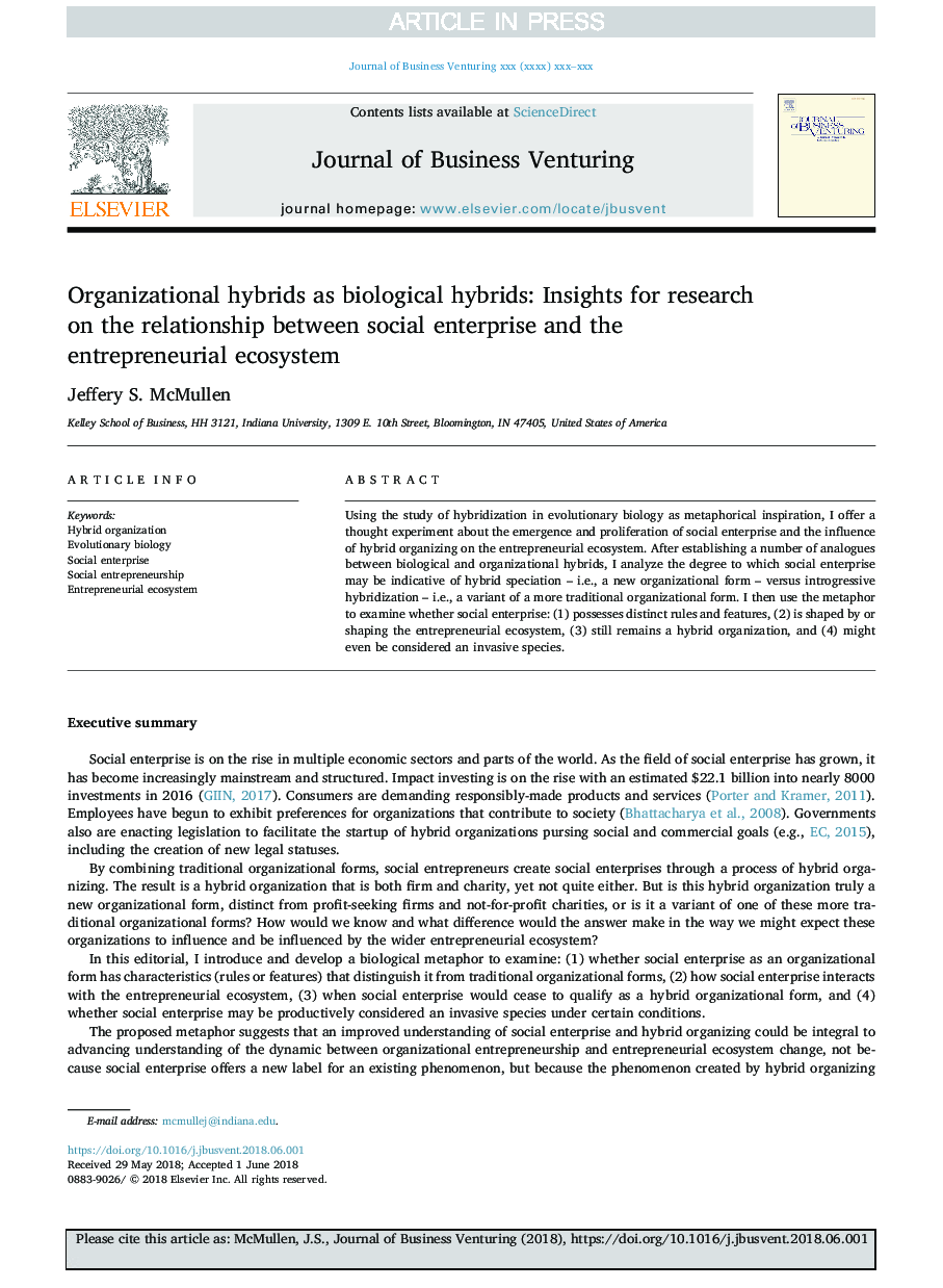 Organizational hybrids as biological hybrids: Insights for research on the relationship between social enterprise and the entrepreneurial ecosystem