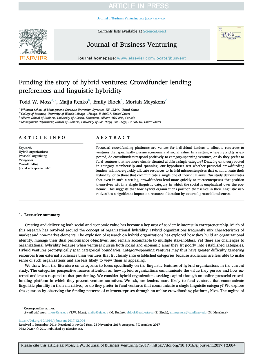 Funding the story of hybrid ventures: Crowdfunder lending preferences and linguistic hybridity