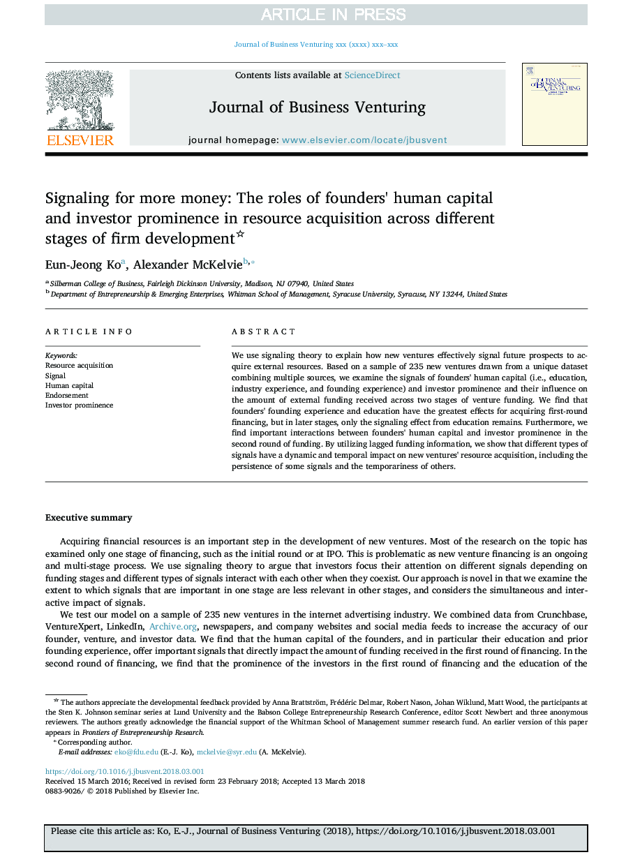 Signaling for more money: The roles of founders' human capital and investor prominence in resource acquisition across different stages of firm development