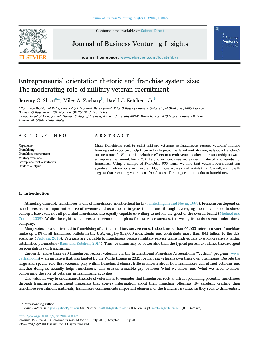 Entrepreneurial orientation rhetoric and franchise system size: The moderating role of military veteran recruitment