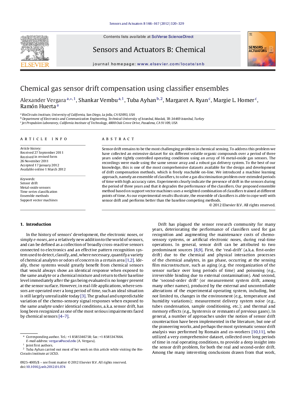 Chemical gas sensor drift compensation using classifier ensembles